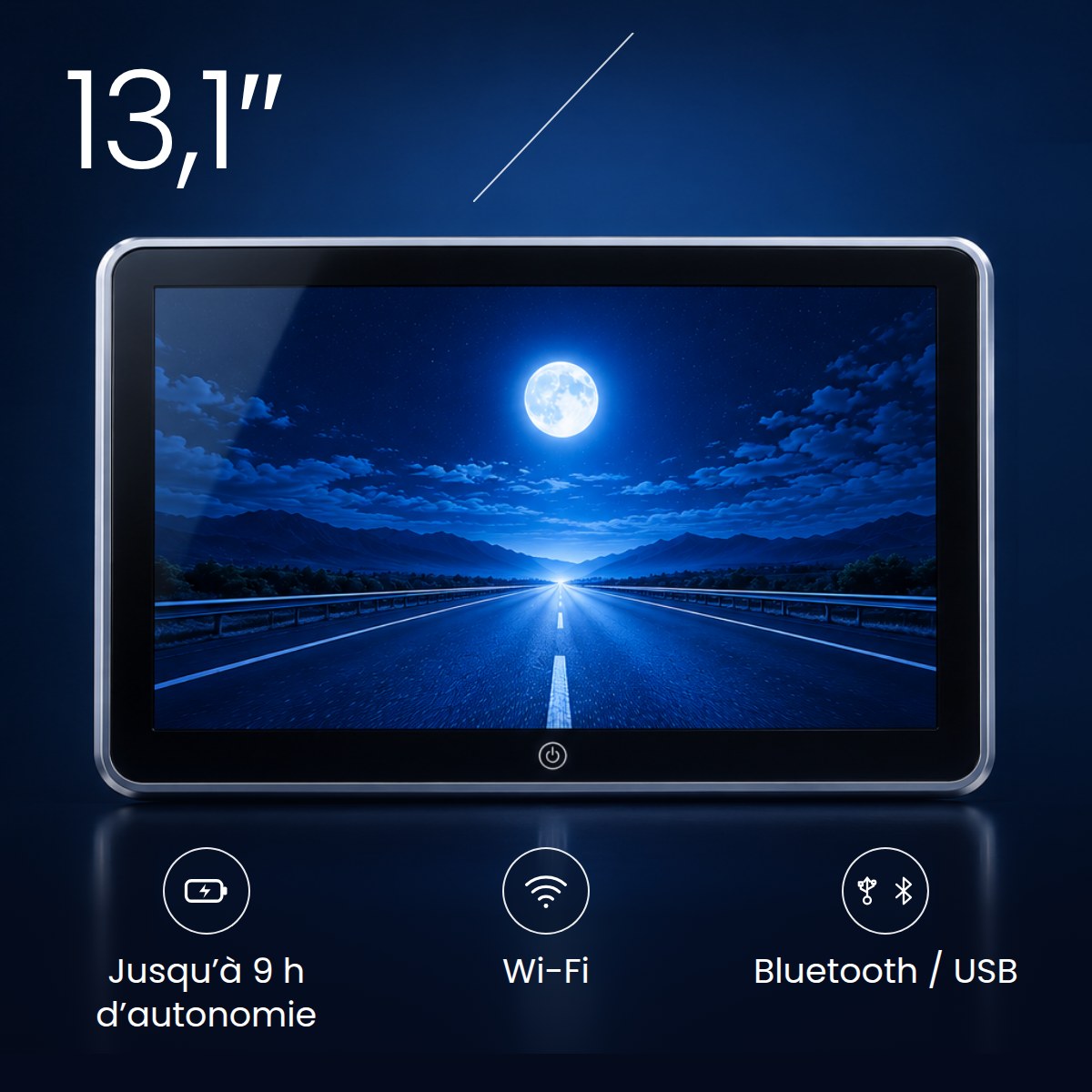 Écran 13,1″ : jusqu’à 9 h d’autonomie, Wi-Fi, Bluetooth et USB