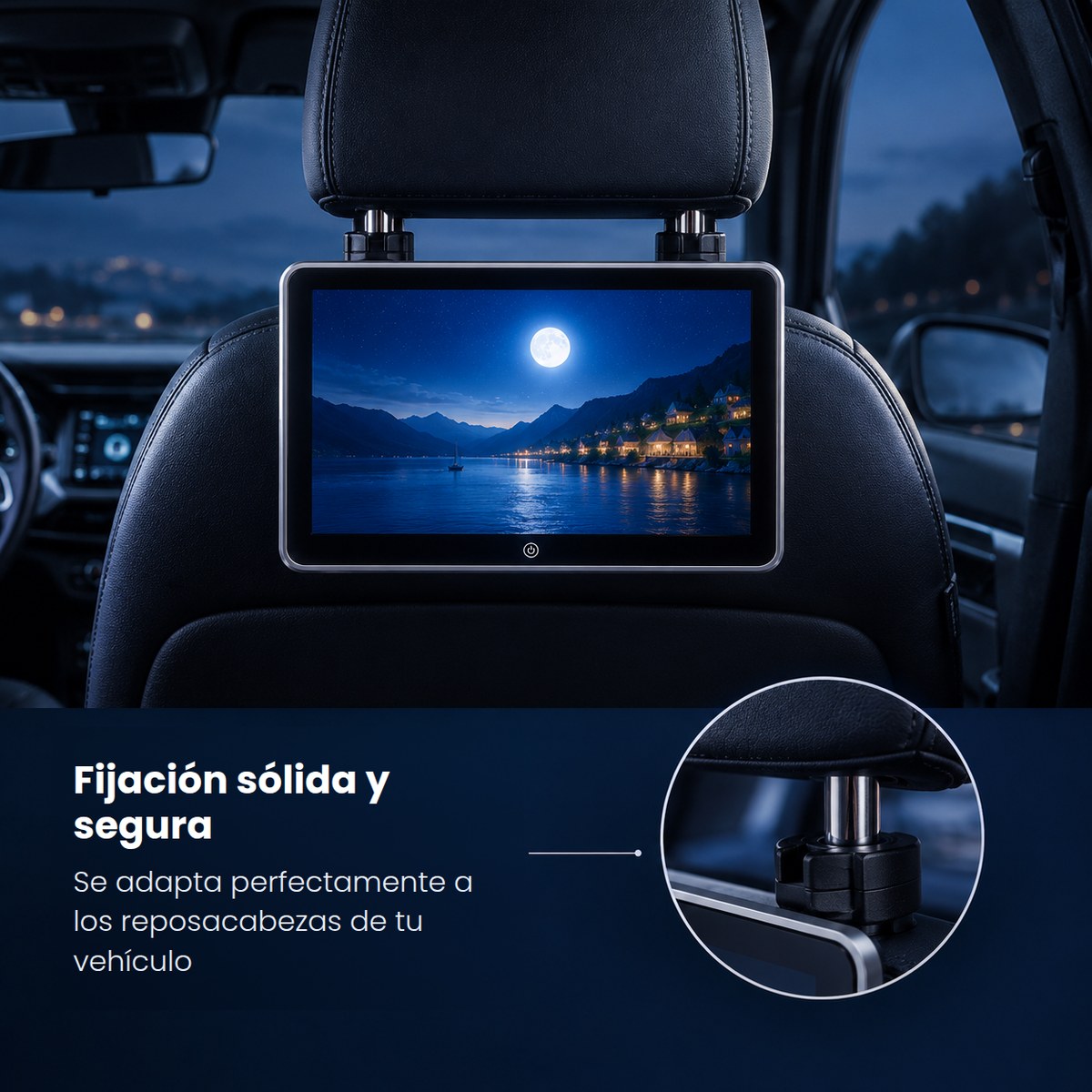 La pantalla enganchada a las dos varillas metálicas de un reposacabezas, con un zoom de la fijación