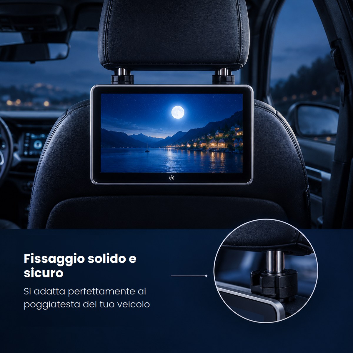 Lo schermo agganciato alle due aste metalliche di un poggiatesta, con zoom sul fissaggio